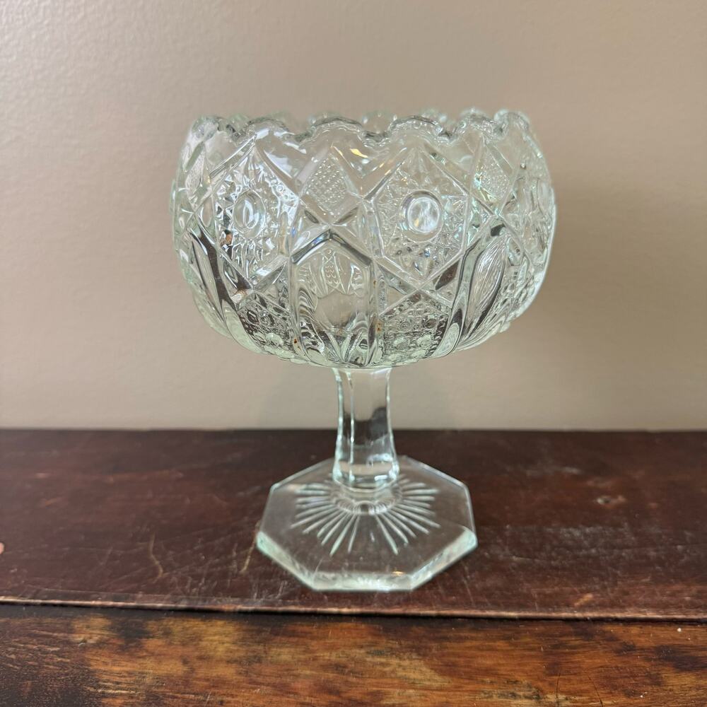 McKee Quintec Glass Compote Bowl Pedestal Clear Dish Early American Pressed